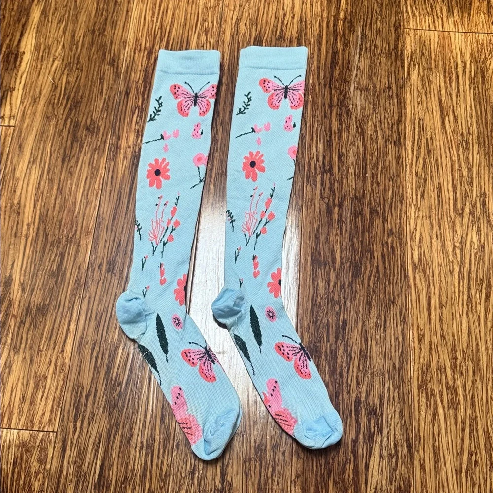 Light blue pink floral butterfly print knee high compression socks